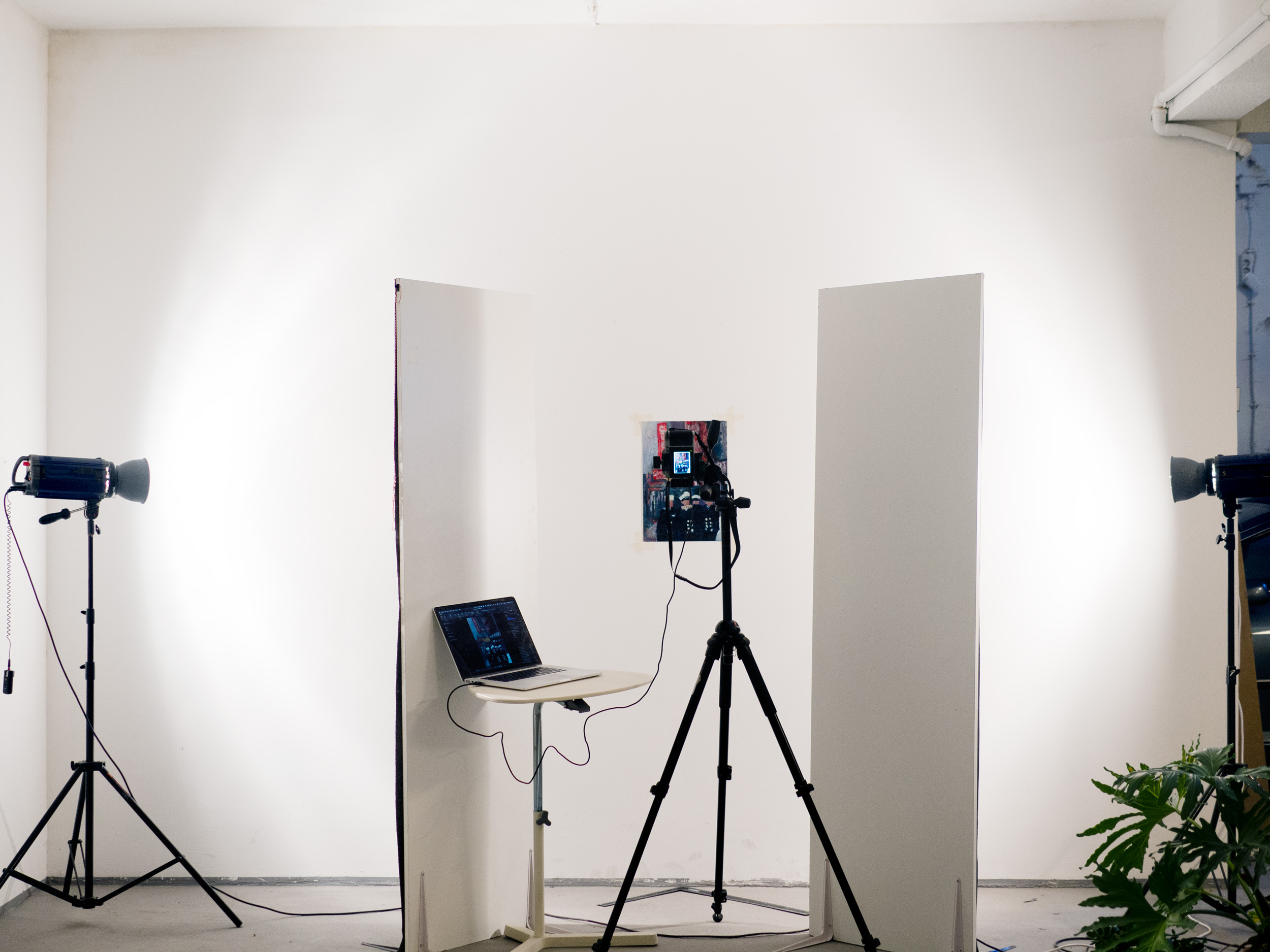 A flat artwork being photographed for reproduction in the studio, lit by two strobes with a tethered camera